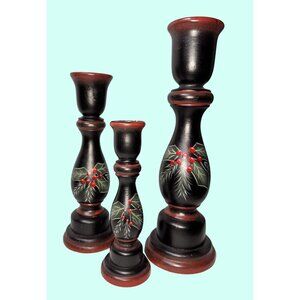 Hand-Painted Holly Berry Wooden Candle Holder rustic farmhouse christmas vintage